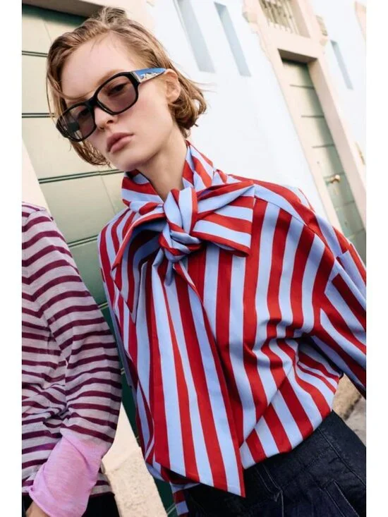 ZARA BOW NECK STRIPED SHIRT - Picture 7 of 10